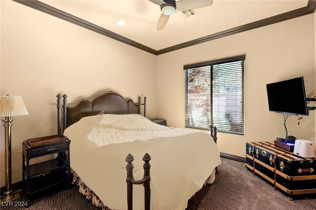 bedroom with carpet flooring, ceiling fan, and crown molding