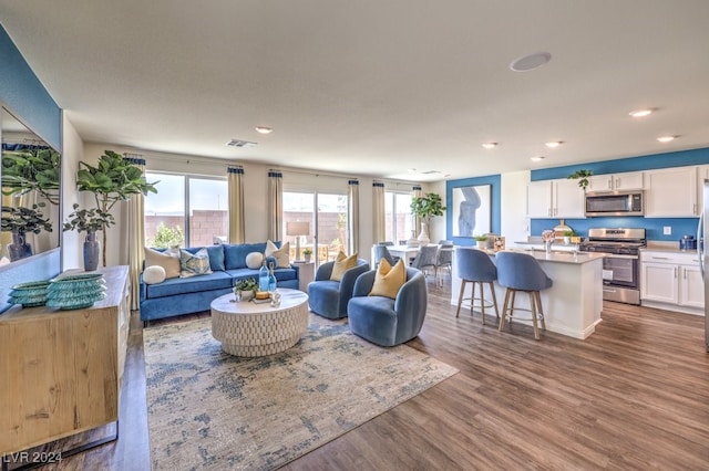 living room with hardwood / wood-style floors and sink