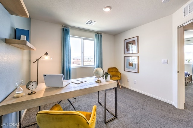 carpeted office space with a textured ceiling