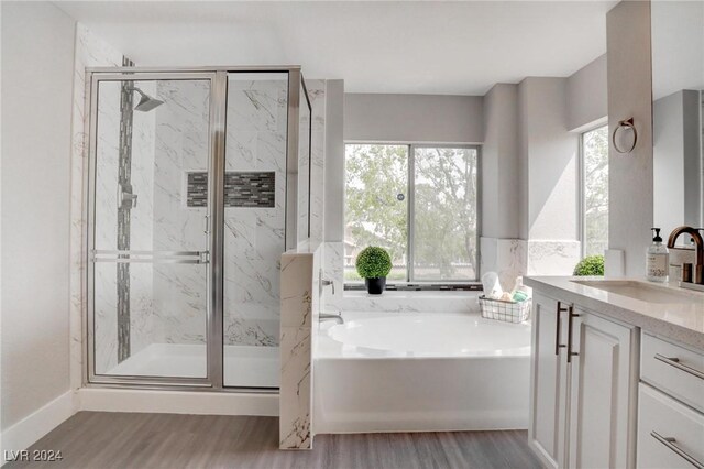 bathroom featuring separate shower and tub, vanity, and wood-type flooring