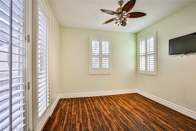 unfurnished room with hardwood / wood-style flooring and ceiling fan