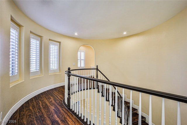 stairway with hardwood / wood-style floors