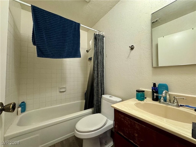 full bathroom with vanity, toilet, and shower / bathtub combination with curtain