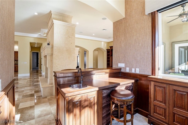 bar with ceiling fan, sink, and ornamental molding