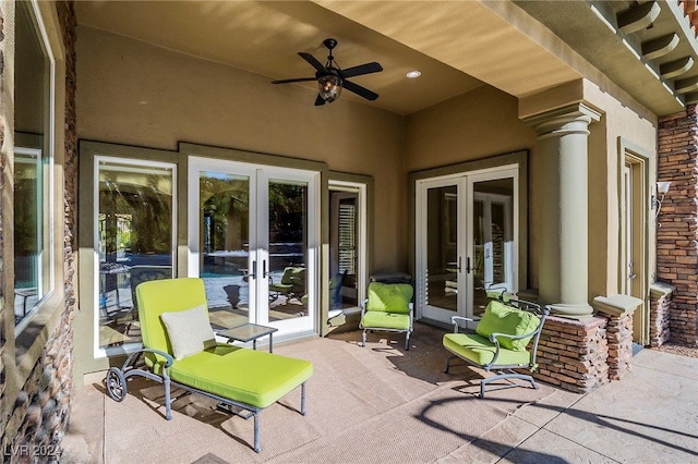 view of patio with ceiling fan and french doors