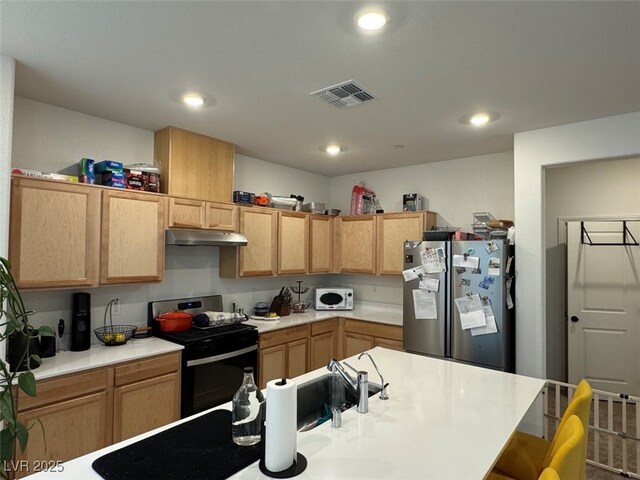 kitchen with appliances with stainless steel finishes and light brown cabinetry