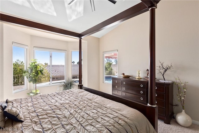 bedroom with ceiling fan and light carpet