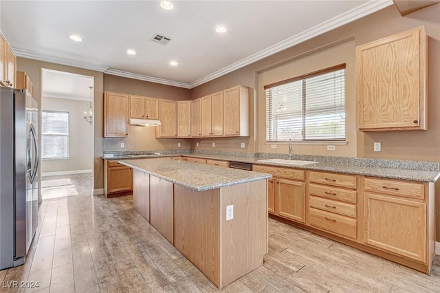 kitchen with stainless steel appliances, light hardwood / wood-style flooring, a healthy amount of sunlight, and sink