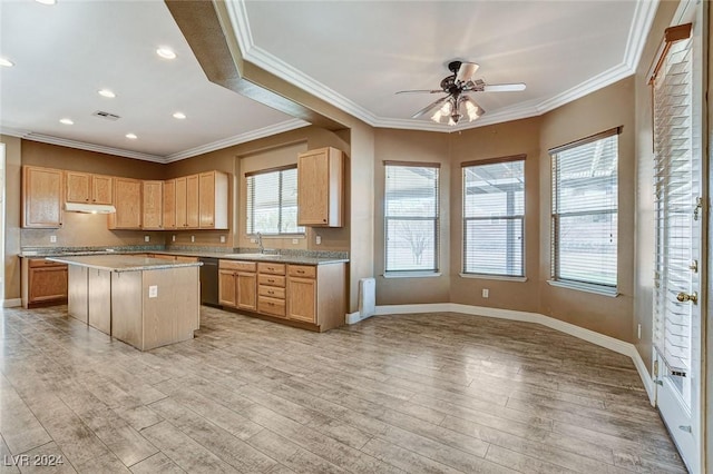 kitchen with sink, ceiling fan, light wood-type flooring, ornamental molding, and a kitchen island