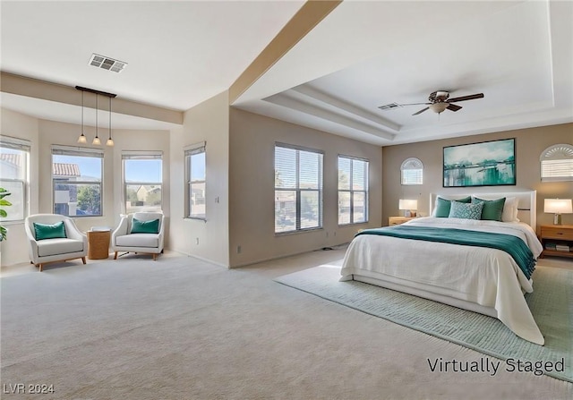 carpeted bedroom featuring ceiling fan, a raised ceiling, and multiple windows