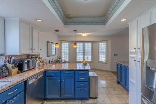 kitchen featuring white cabinetry, kitchen peninsula, blue cabinets, and stainless steel appliances