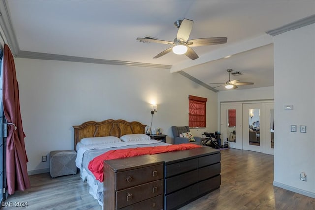 bedroom with ceiling fan, french doors, dark wood-type flooring, vaulted ceiling with beams, and crown molding