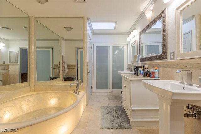 bathroom featuring tile patterned floors, dual sinks, a tub, and crown molding