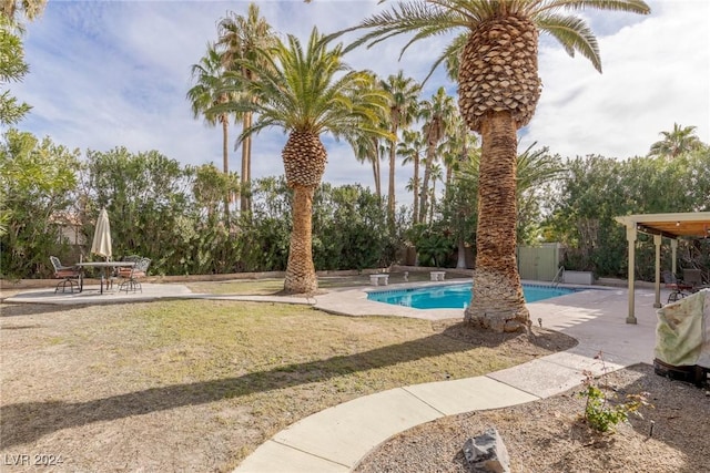 view of swimming pool featuring a lawn and a patio area