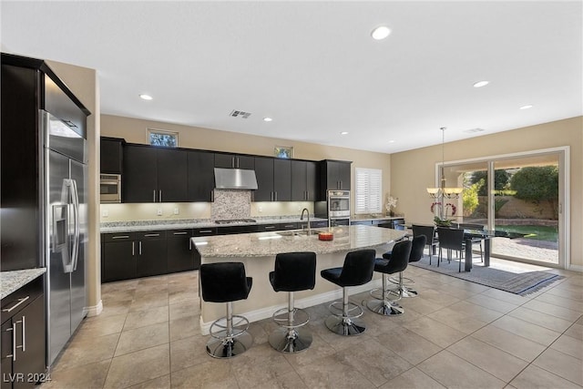 kitchen featuring sink, hanging light fixtures, an island with sink, a breakfast bar area, and stainless steel appliances