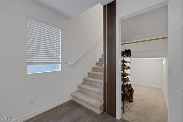 staircase featuring hardwood / wood-style flooring