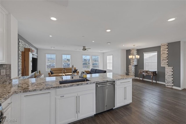 kitchen with white cabinetry, dishwasher, sink, dark hardwood / wood-style floors, and ceiling fan with notable chandelier