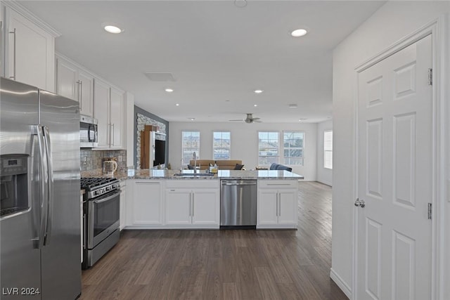 kitchen featuring kitchen peninsula, stainless steel appliances, white cabinets, and dark hardwood / wood-style floors