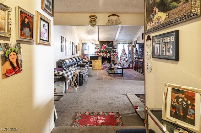 living room featuring vaulted ceiling, carpet floors, and a textured ceiling