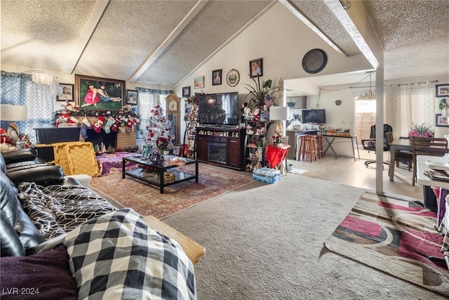 living room featuring carpet flooring, a textured ceiling, and lofted ceiling