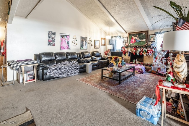 living room featuring carpet floors and high vaulted ceiling