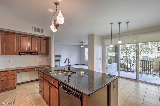 kitchen with ceiling fan, sink, hanging light fixtures, black dishwasher, and an island with sink