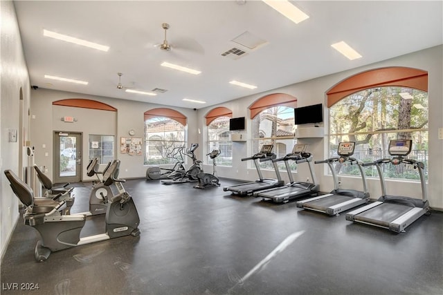 gym with a wealth of natural light and ceiling fan