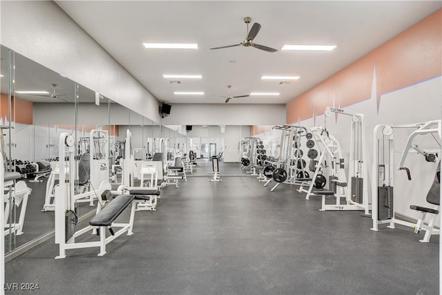 exercise room with ceiling fan