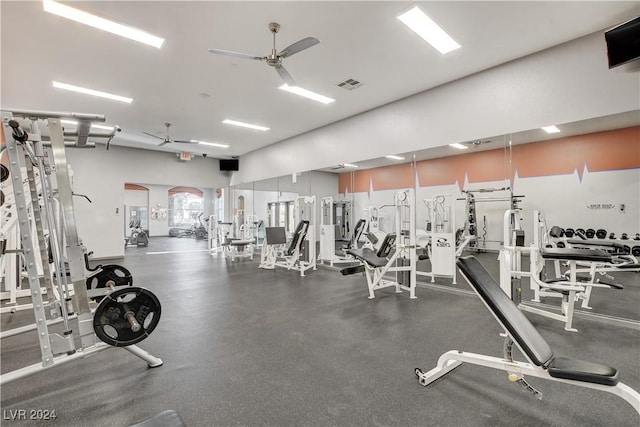 workout area with ceiling fan