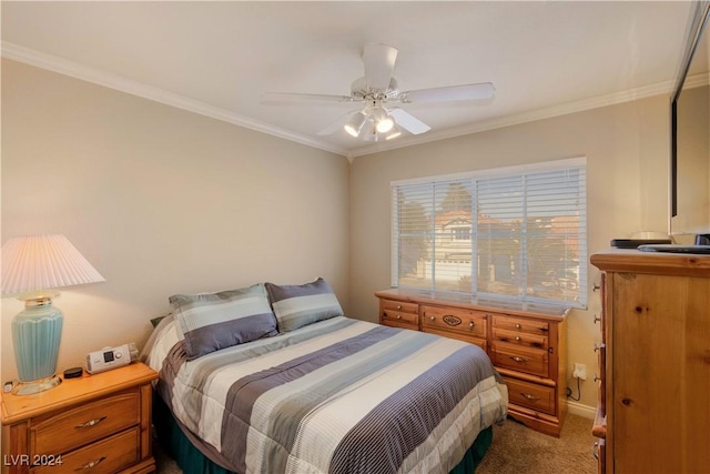 bedroom featuring carpet, ceiling fan, and crown molding