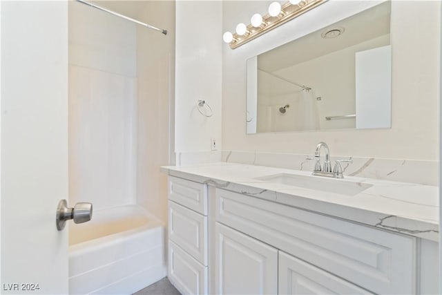 bathroom featuring shower / bathtub combination with curtain and vanity