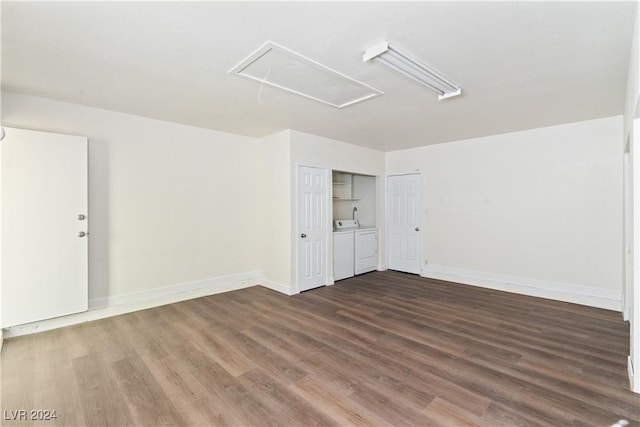 spare room with washing machine and clothes dryer and dark hardwood / wood-style flooring