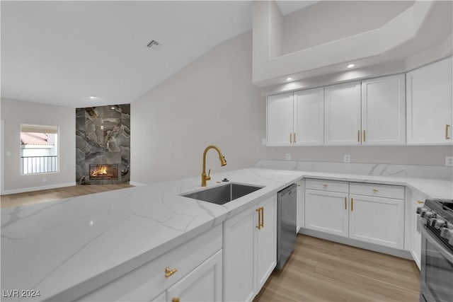 kitchen featuring sink, white cabinetry, appliances with stainless steel finishes, a premium fireplace, and light stone countertops