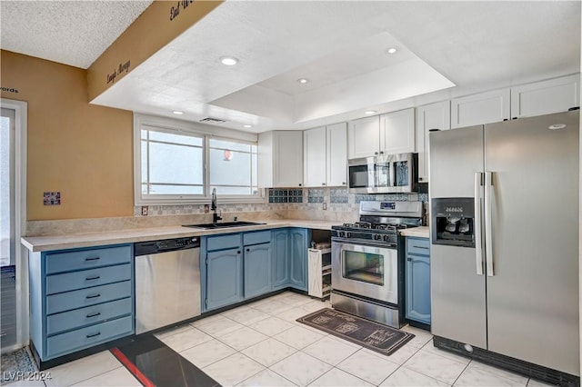 kitchen with sink, blue cabinets, stainless steel appliances, and a tray ceiling