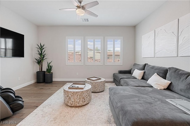 living room with ceiling fan and wood-type flooring