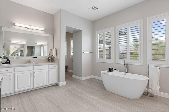 bathroom with a washtub, vanity, and hardwood / wood-style flooring