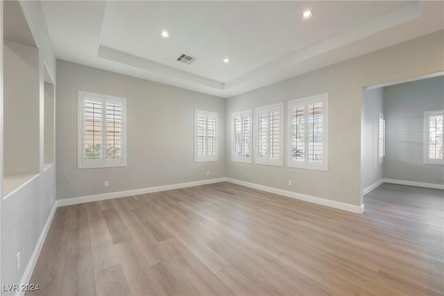 unfurnished room with light hardwood / wood-style floors, a wealth of natural light, and a tray ceiling