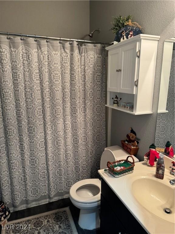 bathroom featuring toilet, vanity, and a shower with shower curtain