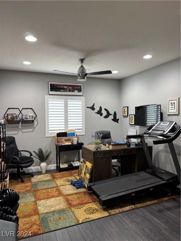 home office featuring ceiling fan and hardwood / wood-style floors