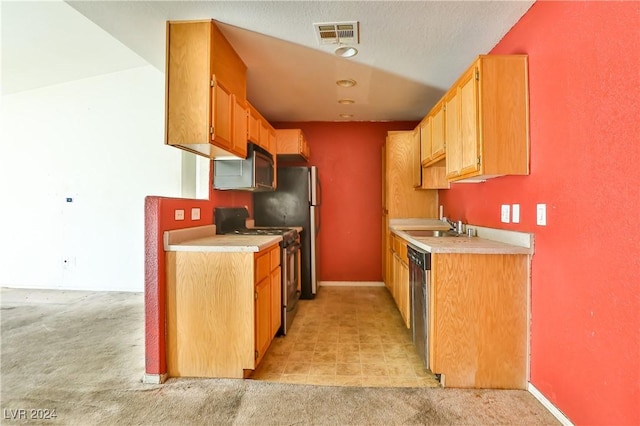 kitchen with dishwasher, range with electric stovetop, light colored carpet, and sink