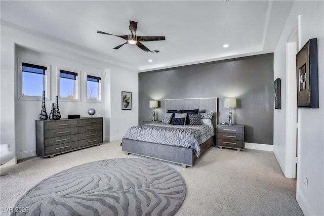 bedroom with a ceiling fan, recessed lighting, baseboards, and light carpet