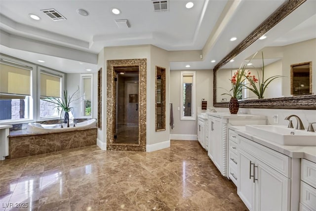 full bathroom featuring a bath, visible vents, a stall shower, and elevator