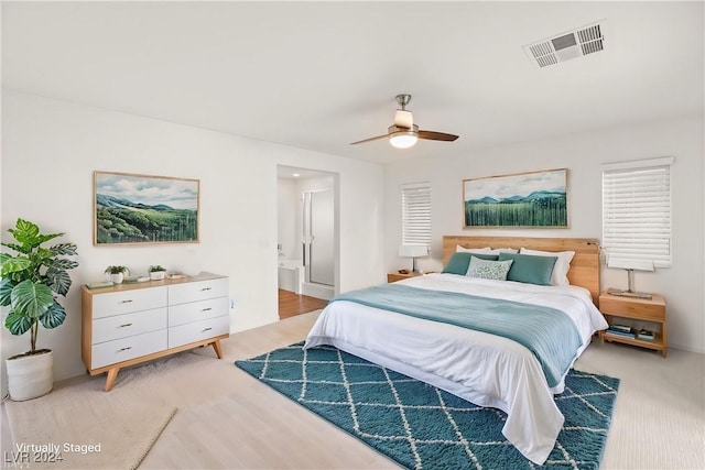 bedroom featuring ceiling fan and light wood-type flooring