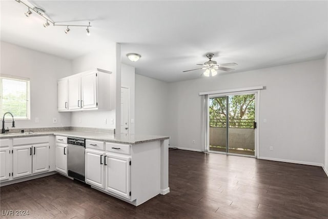 kitchen featuring dishwasher, dark hardwood / wood-style floors, white cabinetry, and sink