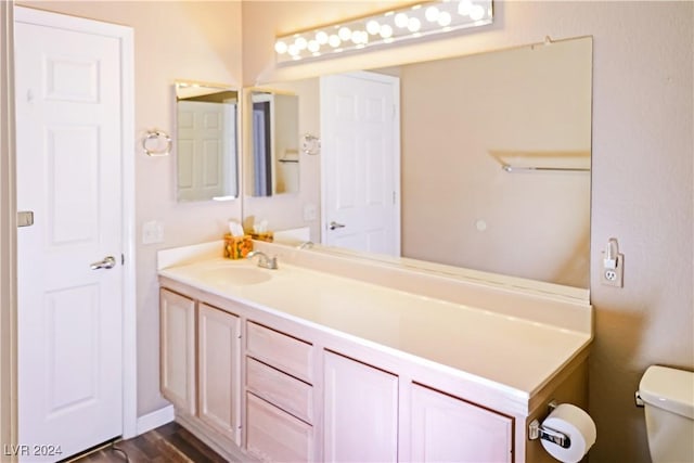 bathroom featuring vanity, toilet, and wood-type flooring