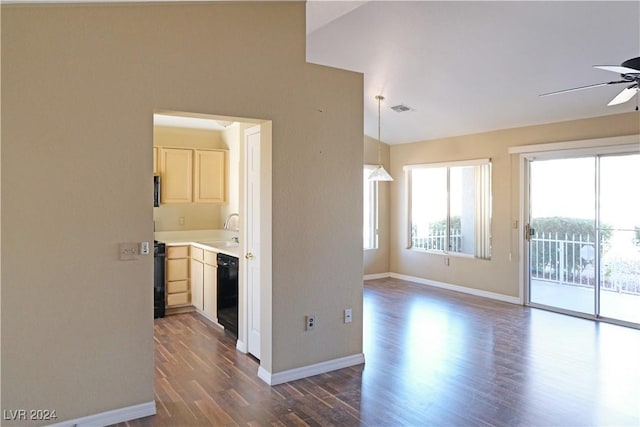 interior space with ceiling fan, sink, and dark wood-type flooring