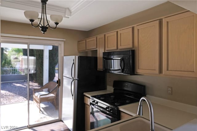 kitchen featuring light brown cabinets, sink, a chandelier, black appliances, and ornamental molding