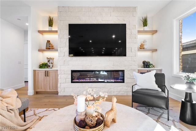 living room featuring a fireplace and light hardwood / wood-style flooring