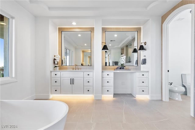 bathroom with vanity, a bath, a bidet, tile patterned flooring, and toilet