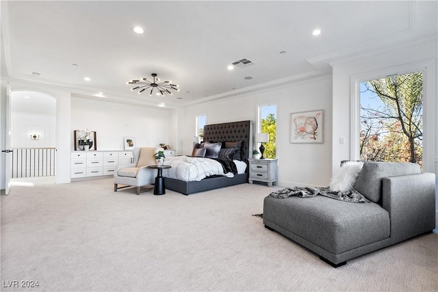 bedroom featuring carpet flooring and ornamental molding